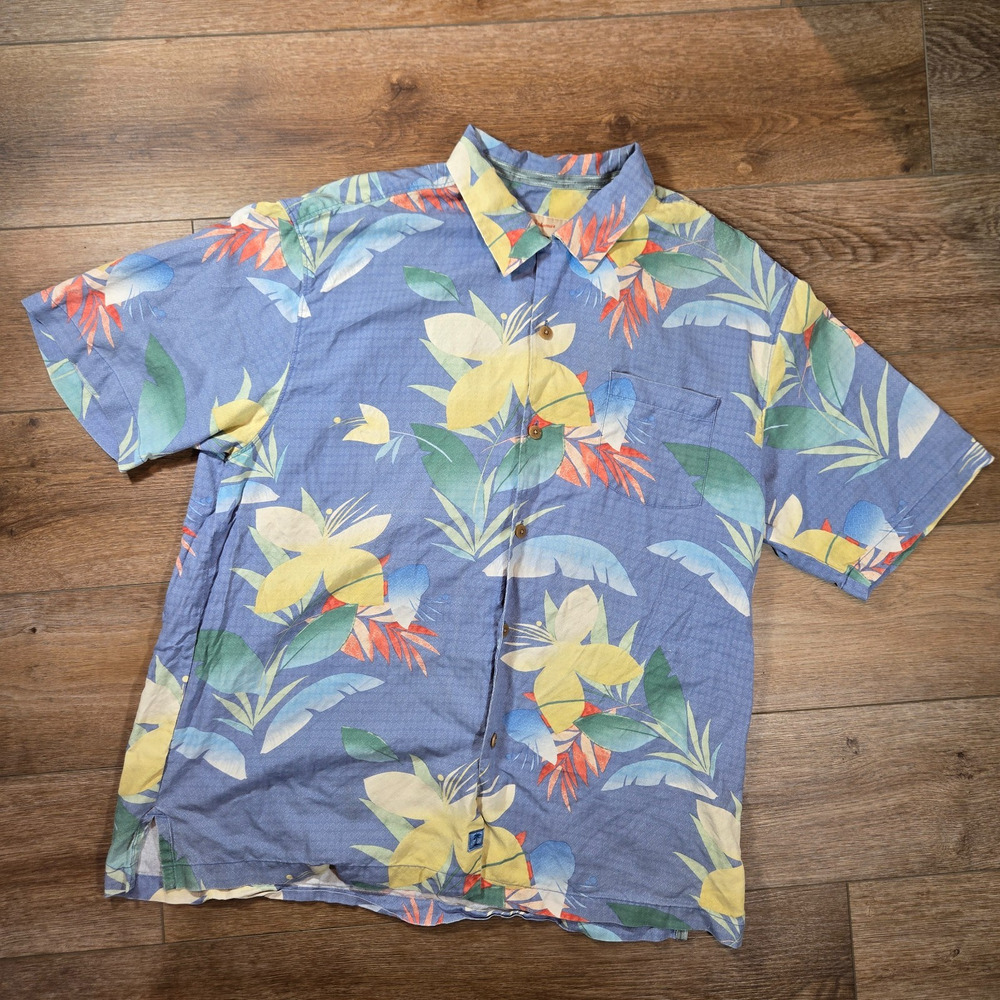 Tommy Bahama Relax Men’s XL Blue Silk Floral Palm Tree Hawaiian Aloha Shirt